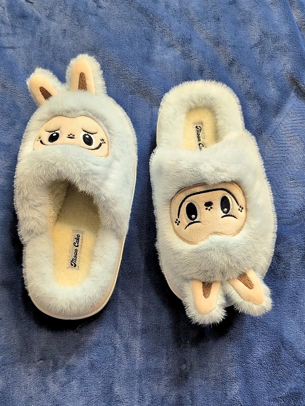 Moon Cake Bunny Character Fuzzy Slippers Blue